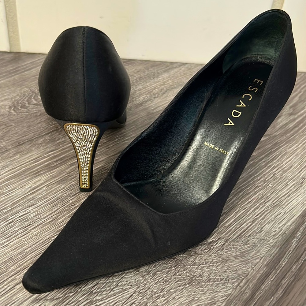 Vintage Escada Black Satin Stilettos With Crystal Heels